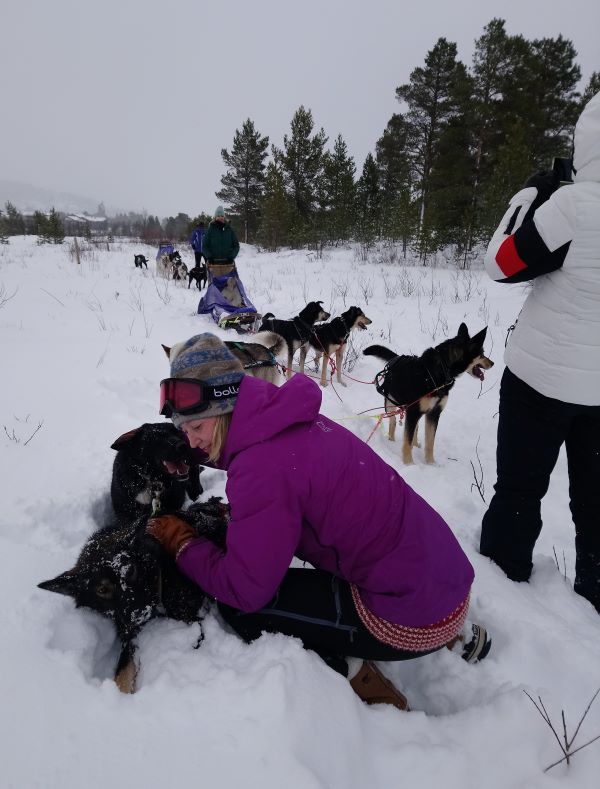 Maria caressant des huskies à Geilo. Photo Sébastien de Nord Espaces, février 2022