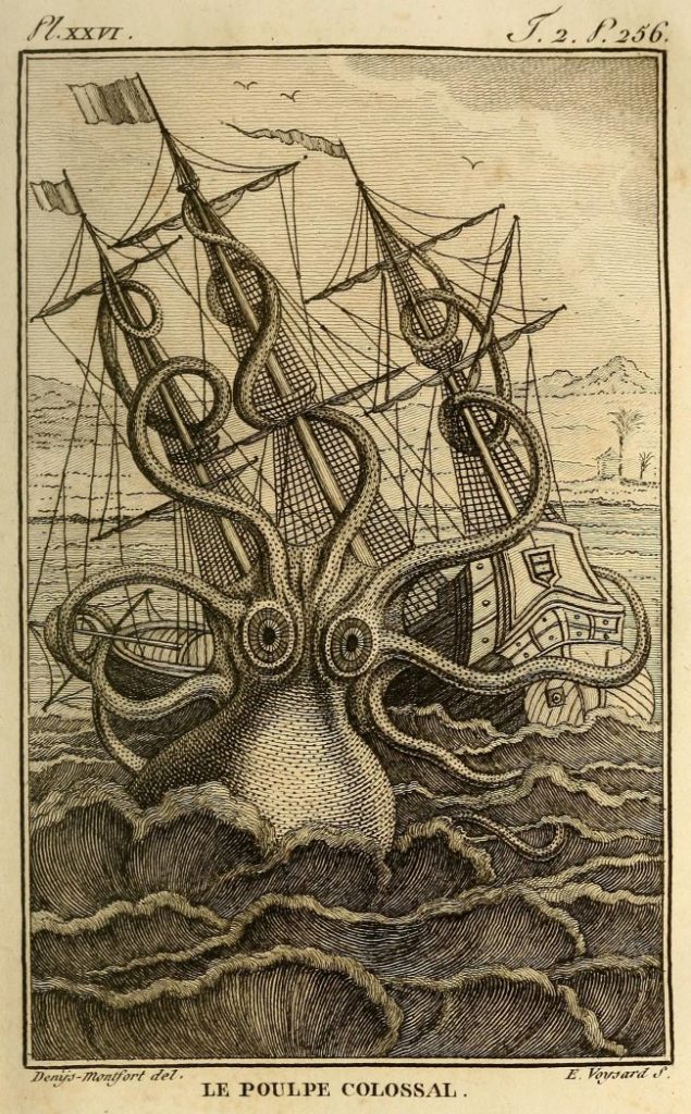 Dessin d'après les descriptions de marins français de ce qui serait l'attaque d'un kraken au large des côtes de l'Angola, par Pierre Dénys de Montfort (1810) / Wikipédia